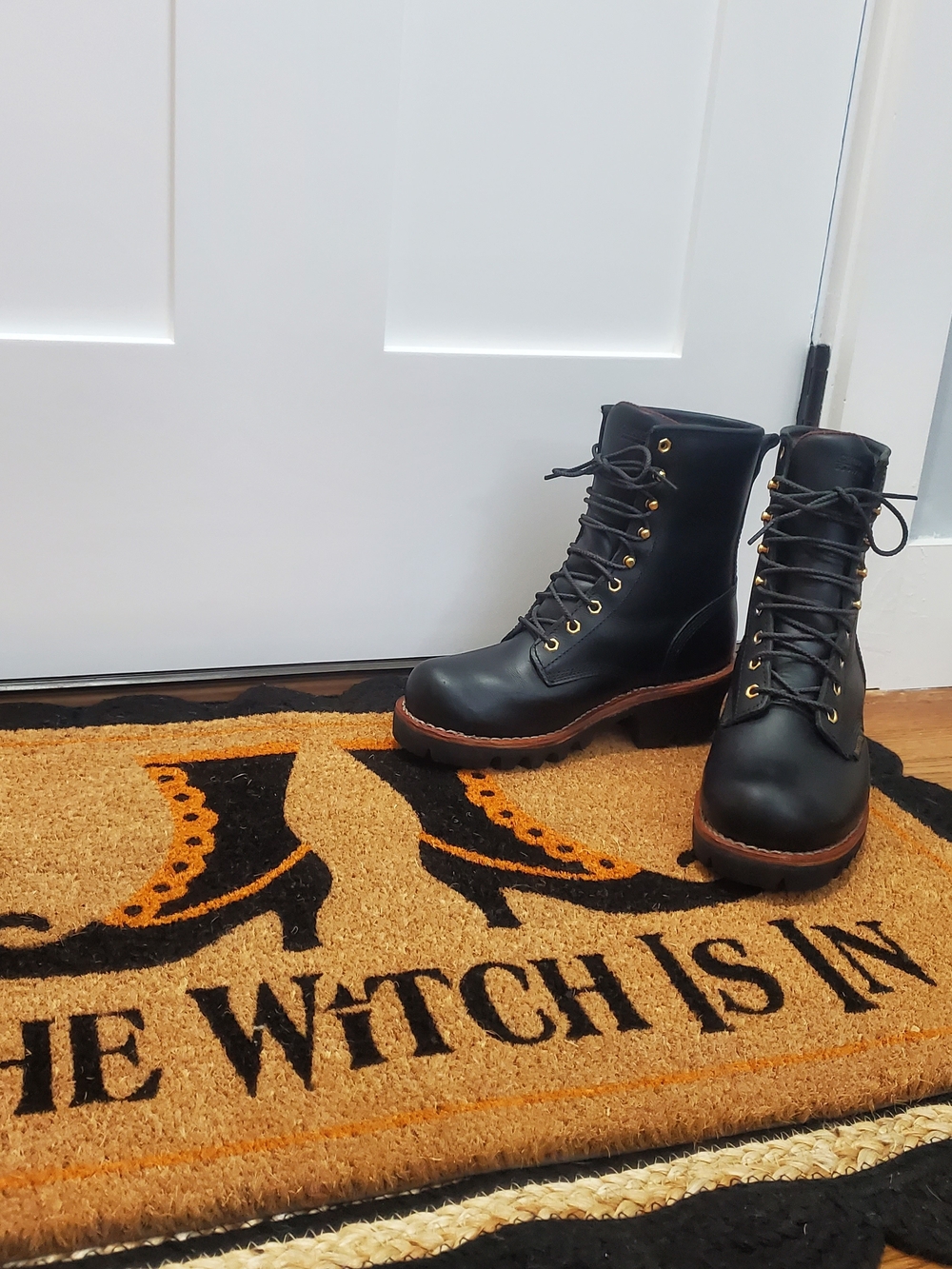 Chippewa Black Leather Lace-Up Moto Boots with Brown Sole